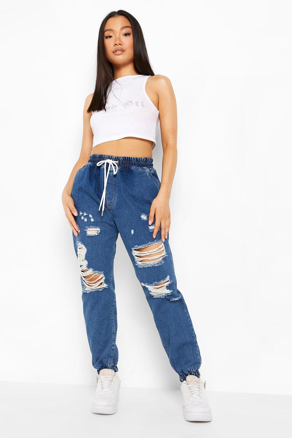 Distressed store denim joggers